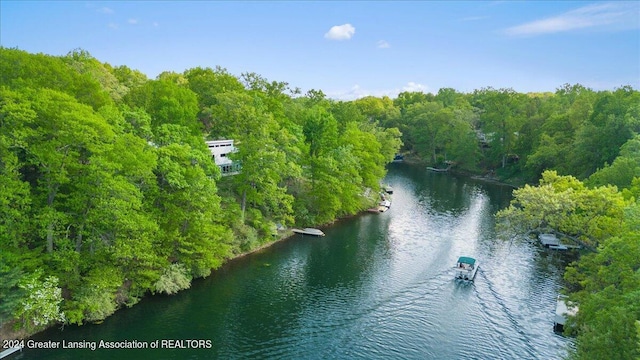 birds eye view of property featuring a water view