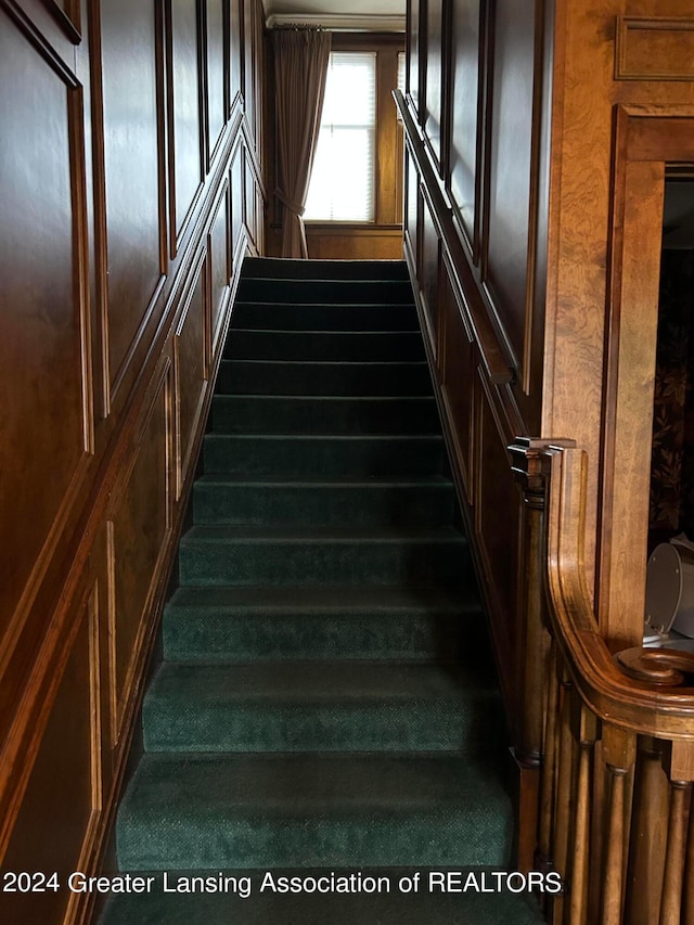 stairs featuring dark colored carpet