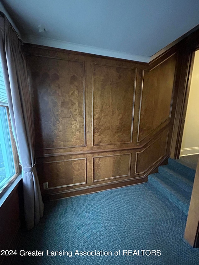 interior space featuring ornamental molding and carpet