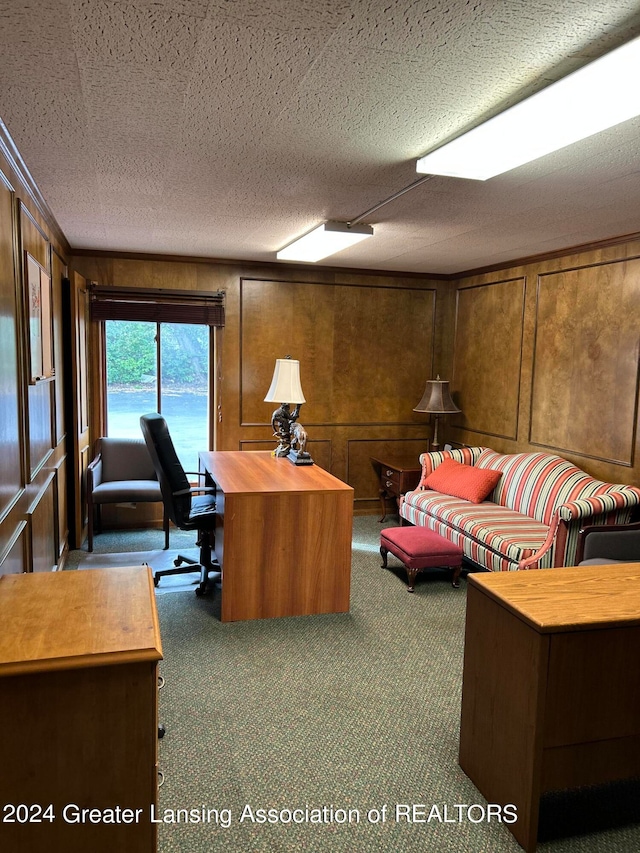 office space featuring carpet, wooden walls, and a textured ceiling