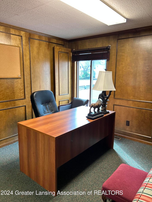 office space with carpet flooring, wooden walls, and a textured ceiling