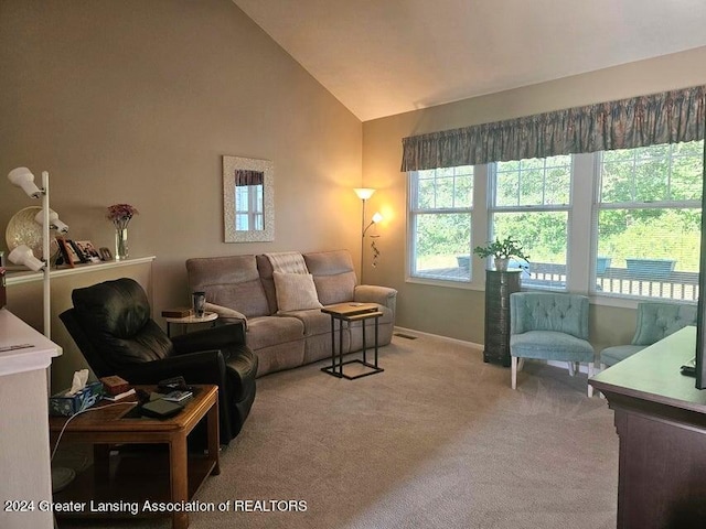 living room with carpet flooring and high vaulted ceiling