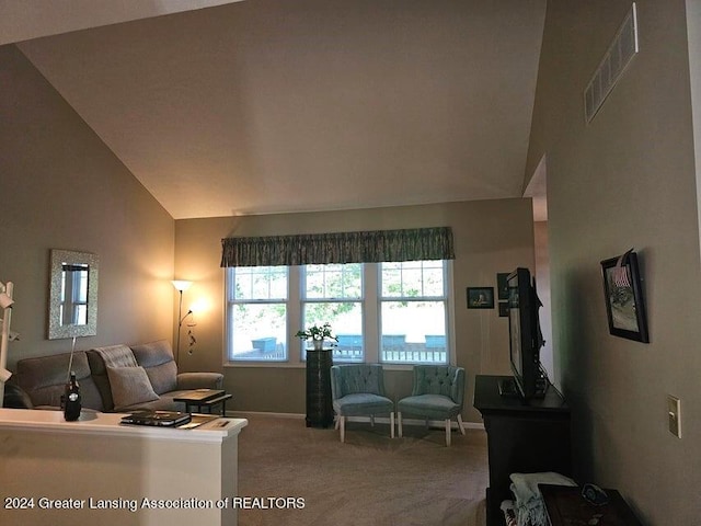 carpeted living room with lofted ceiling