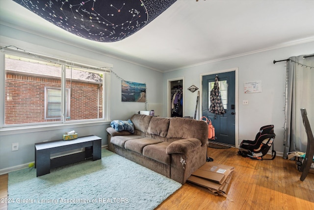 living room featuring ornamental molding and hardwood / wood-style flooring