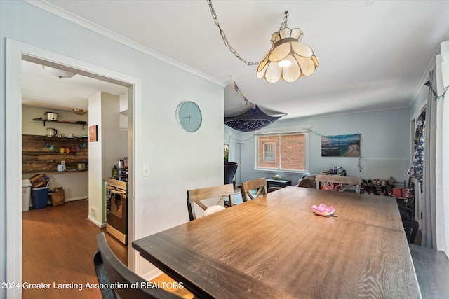 dining room featuring crown molding and dark hardwood / wood-style flooring