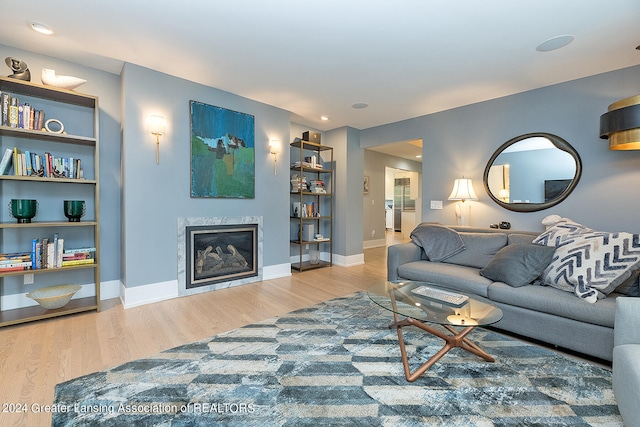 living room with built in features and light hardwood / wood-style flooring