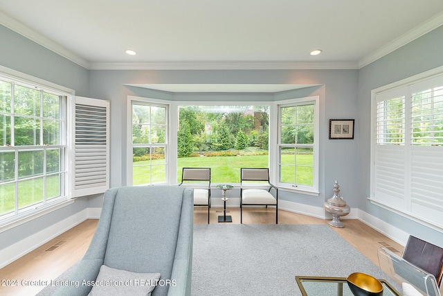 office area featuring a wealth of natural light, ornamental molding, and light hardwood / wood-style floors