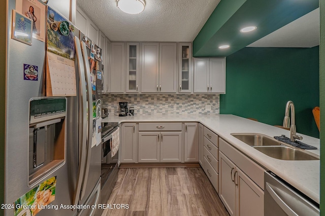 kitchen featuring light wood finished floors, stainless steel appliances, light countertops, decorative backsplash, and a sink