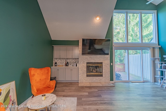 living room with light hardwood / wood-style flooring and lofted ceiling