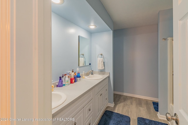 bathroom with hardwood / wood-style flooring and vanity