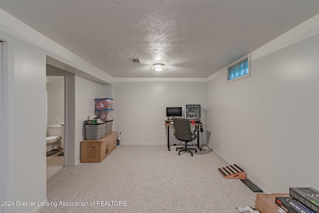 office space featuring carpet flooring and a textured ceiling