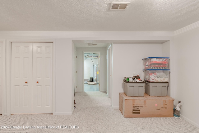 hall with a textured ceiling and carpet flooring