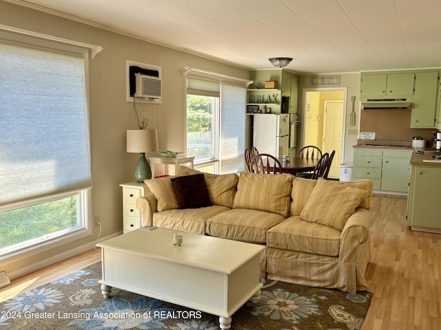 living area with light wood finished floors, crown molding, and a wall mounted air conditioner