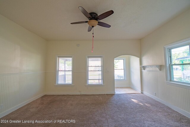 carpeted spare room featuring a textured ceiling, plenty of natural light, and ceiling fan