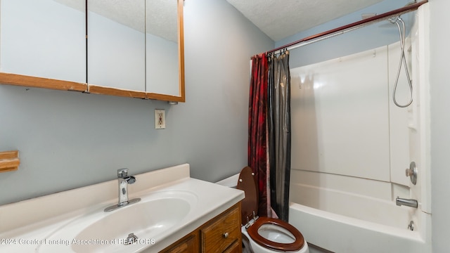 full bathroom featuring a textured ceiling, vanity, toilet, and shower / bathtub combination with curtain