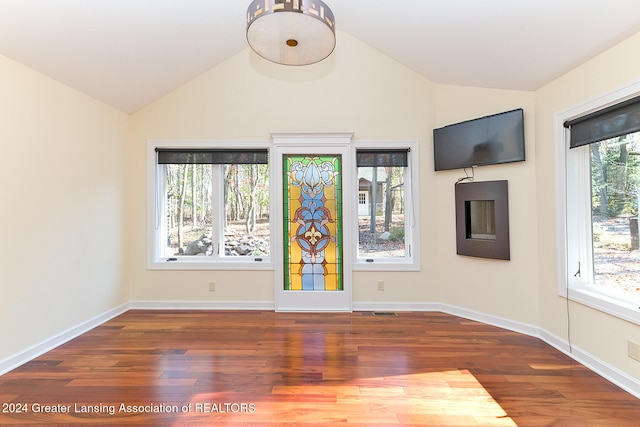 empty room featuring dark hardwood / wood-style flooring, a wealth of natural light, and lofted ceiling