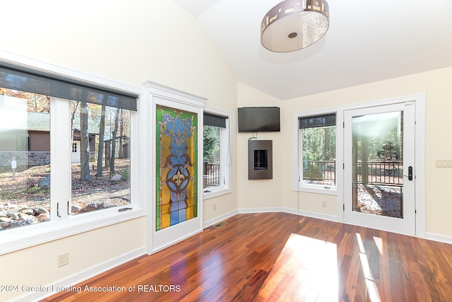 interior space featuring high vaulted ceiling and dark hardwood / wood-style floors