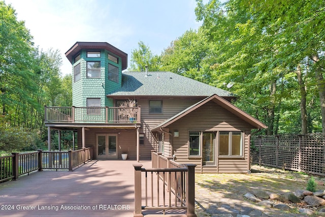 8425 Oakside St, Portage, MI 49002 - back of house with a wooden deck, stairway, french doors, and a shingled roof
