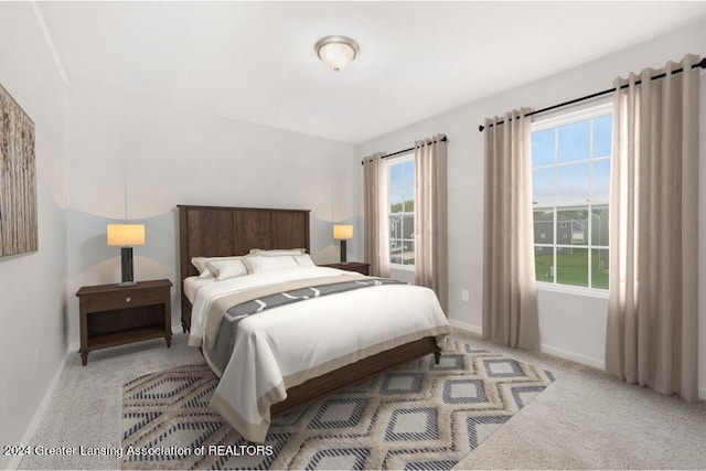 bedroom featuring light colored carpet