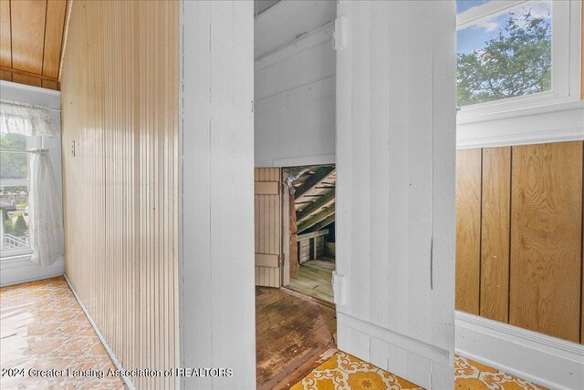 details featuring wood walls and wood-type flooring