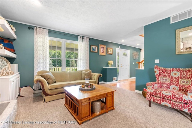 living room with light carpet and a textured ceiling