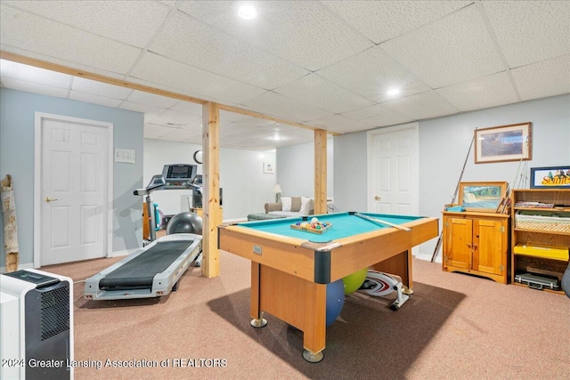 game room with carpet, pool table, and a paneled ceiling