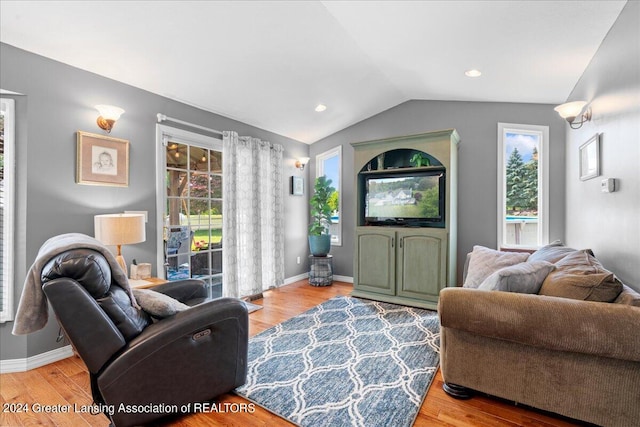 living room with lofted ceiling and hardwood / wood-style flooring