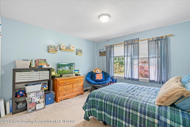 bedroom with a textured ceiling and carpet floors