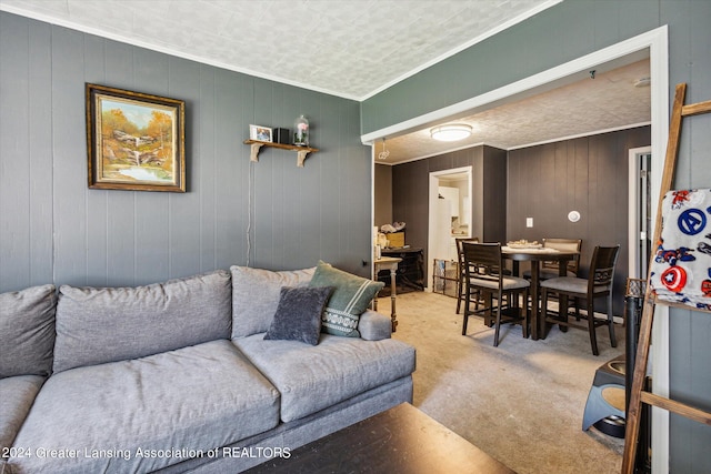 living room featuring ornamental molding, wood walls, and carpet floors