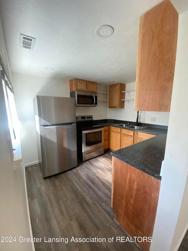 kitchen with a textured ceiling, stainless steel appliances, sink, and dark hardwood / wood-style flooring