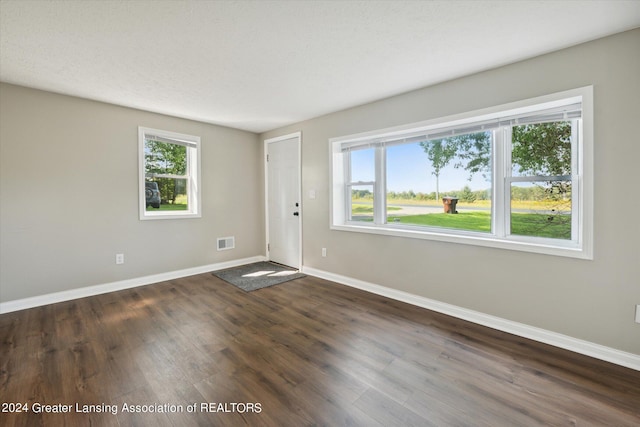 entryway with dark hardwood / wood-style flooring and a textured ceiling