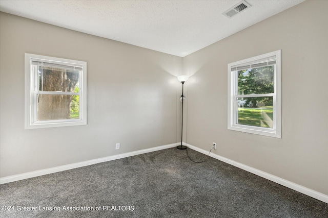 empty room with a textured ceiling and carpet flooring