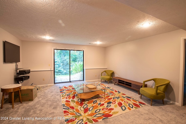 carpeted living room featuring a textured ceiling