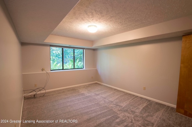 carpeted empty room featuring a textured ceiling