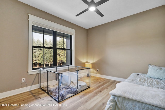 office space featuring light wood-type flooring and ceiling fan