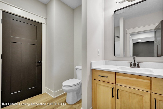 bathroom with vanity, toilet, and wood-type flooring