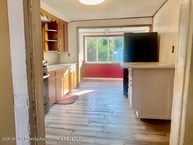 kitchen featuring light wood-style flooring and open shelves