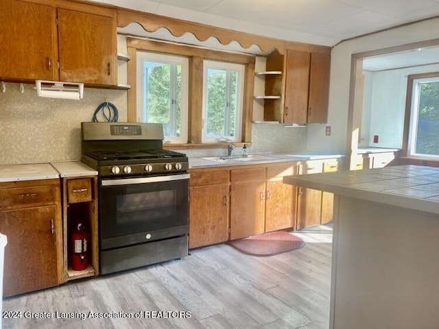 kitchen featuring stainless steel gas range oven, a sink, open shelves, and plenty of natural light