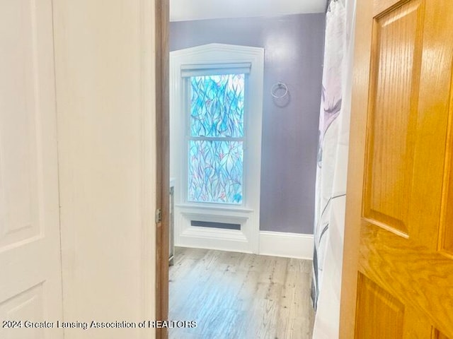 bathroom with hardwood / wood-style flooring