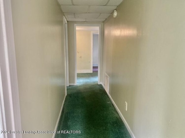 hall with baseboards, carpet floors, and a paneled ceiling