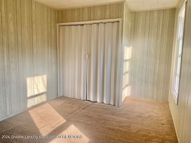 carpeted spare room with wood walls