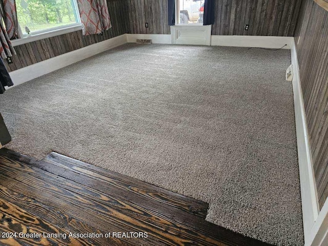 carpeted empty room featuring wooden walls