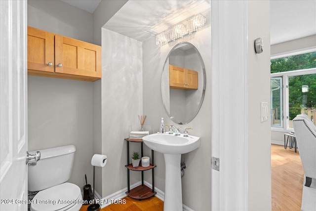 bathroom with toilet and hardwood / wood-style floors