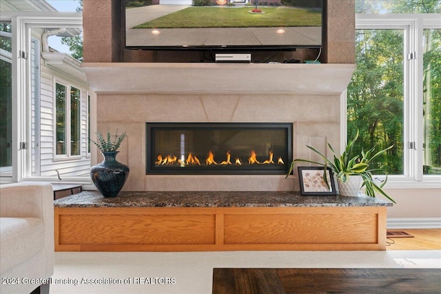 interior details with a fireplace and hardwood / wood-style flooring