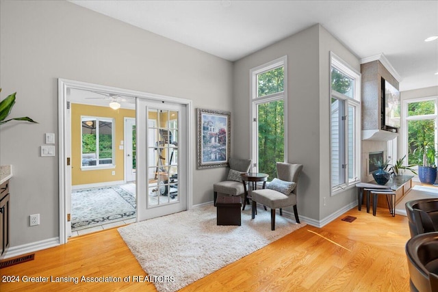 living area with ceiling fan and light hardwood / wood-style floors