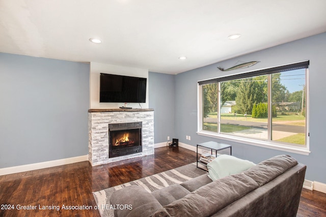 living room featuring dark wood-type flooring and a stone fireplace