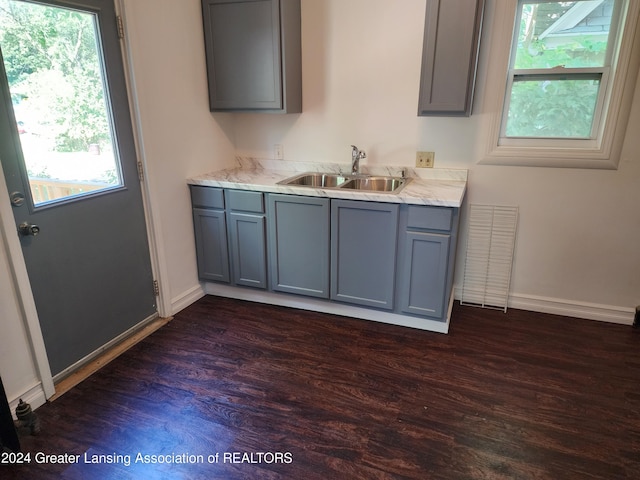 bathroom with vanity, hardwood / wood-style flooring, and a healthy amount of sunlight