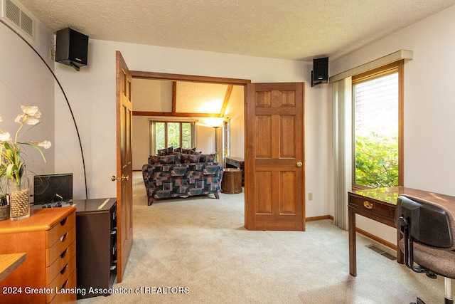 carpeted bedroom with a textured ceiling