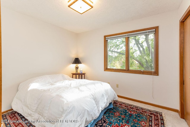 carpeted bedroom with a textured ceiling