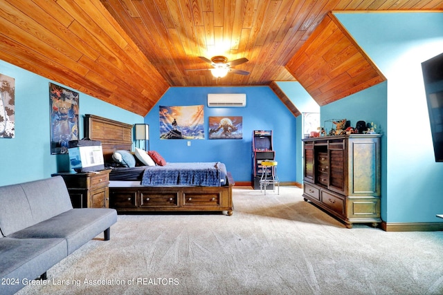 bedroom featuring ceiling fan, wood ceiling, lofted ceiling, light colored carpet, and an AC wall unit